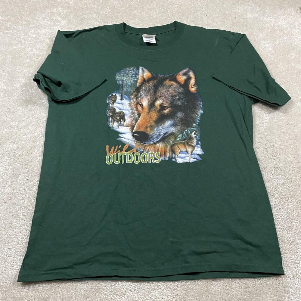 VTG Wolf Shirt Mens XL Green Wild Outdoors Short Sleeve Graphic Wildlife Tee